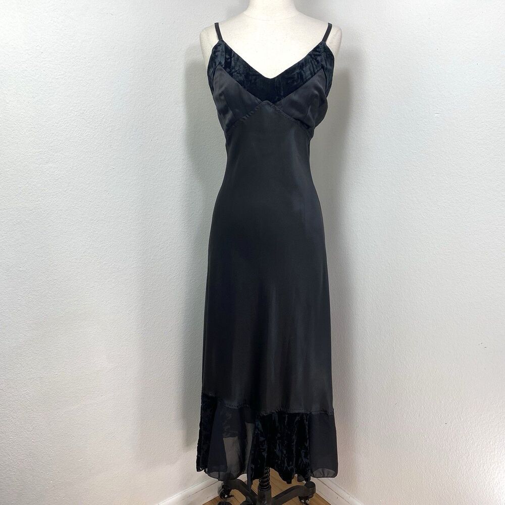 Vtg France Aqua Black Slip Dress Small Satin and Velvet Maxi Babydoll Witch Goth